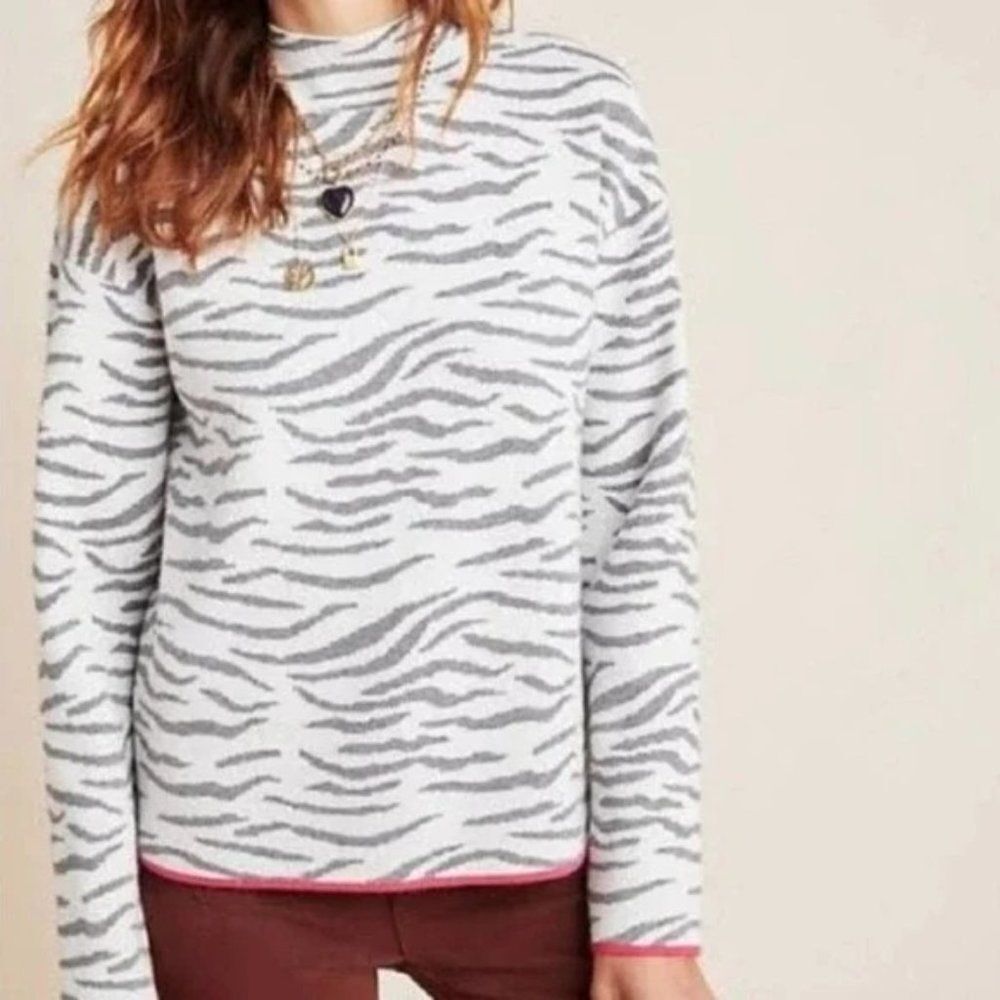 Anthropologie White and Gray Animal Print Sweater